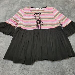 Blushing Heart Blouse Womens Medium Shirt Ruffle Black Boho Stripe Tie Front Top